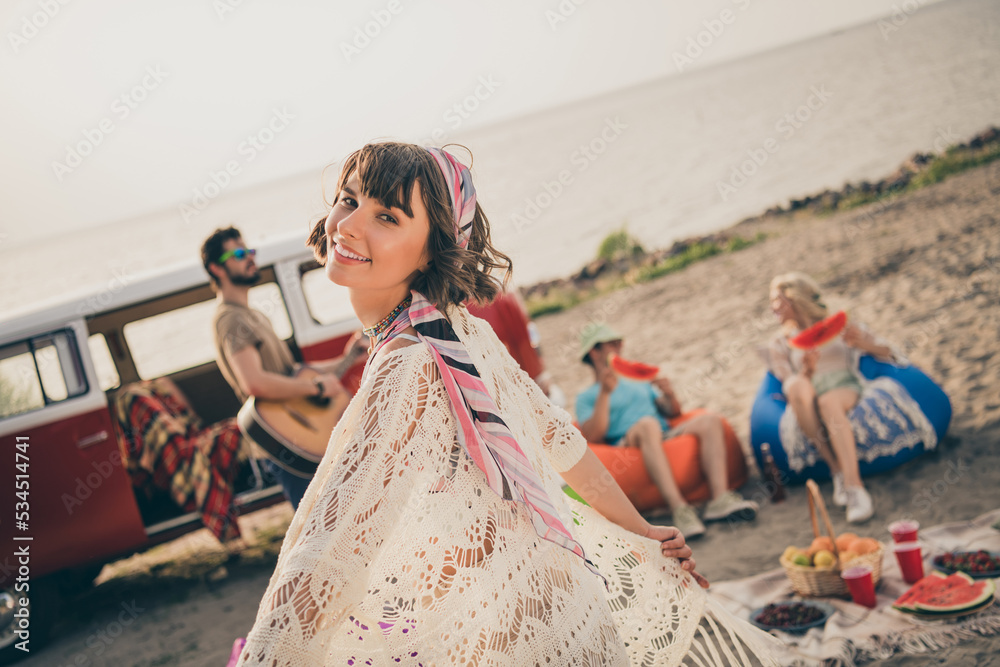 Canvas Prints photo of young pretty company dance picnic on sand near bus on holiday trip wear trend cloth outside