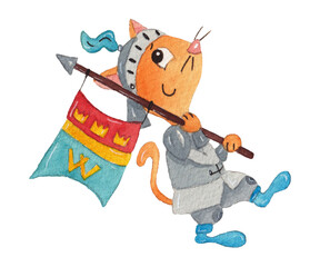 Orange knight cat with a flag. Watercolour illustration 