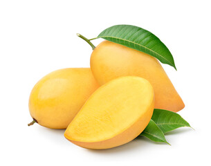 Ripe yellow Mango with half cut isolated on white background.