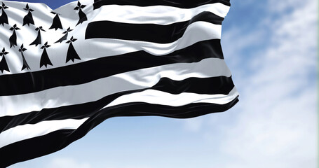 View of the Brittany flag waving in the wind on a clear day - obrazy, fototapety, plakaty