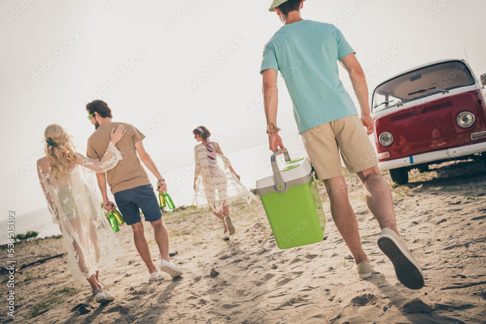 Canvas Prints Back rear spine view photo of best buddies lady guy go seaside ocean hold beverage glass bottle icebox cooler outdoors