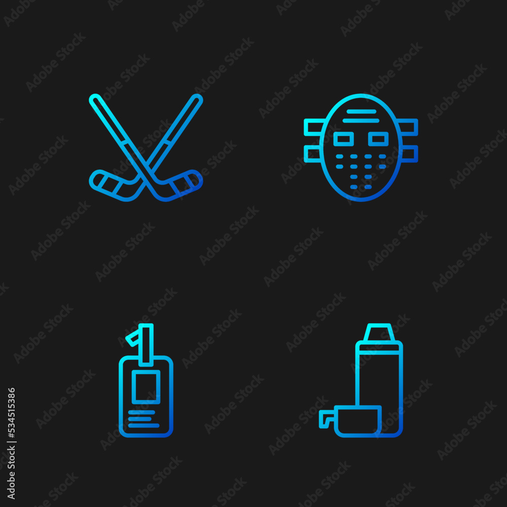 Wall mural set line thermos container, identification badge, ice hockey sticks and hockey mask. gradient color 