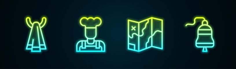 Set line Towel on a hanger, Cook, Folded map and Ship bell. Glowing neon icon. Vector