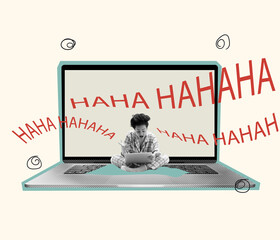 Contemporary art collage. Conceptual image with young girl sitting on laptop and getting Internet...