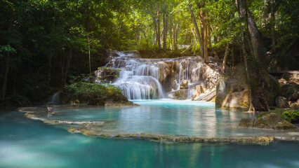Erawan Waterfall, the beauty of nature in Kanchanaburi, Thailand. Travel concept.