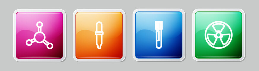 Set line Molecule, Pipette, Test tube and flask and Radioactive. Colorful square button. Vector