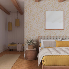 Farmhouse bedroom in white and yellow tones with frame mockup. Wooden furniture, parquet and wallpaper. Boho interior design