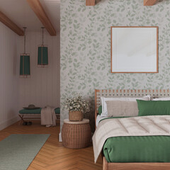 Farmhouse bedroom in white and green tones with frame mockup. Wooden furniture, parquet and wallpaper. Boho interior design