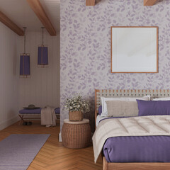 Farmhouse bedroom in white and violet tones with frame mockup. Wooden furniture, parquet and wallpaper. Boho interior design