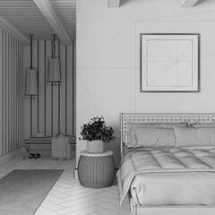 Blueprint unfinished project draft, farmhouse bedroom with frame mockup. Wooden furniture and parquet floor. Boho interior design