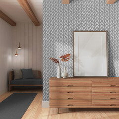 Japandi living room in white and gray tones. Wooden chest of drawers with frame mockup. Parquet and wallpaper. Modern interior design