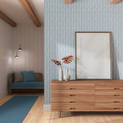 Japandi living room in white and blue tones. Wooden chest of drawers with frame mockup. Parquet and wallpaper. Modern interior design