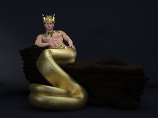 3D Render : A human-snake hybrid male creature, half snake half human, fantasy golden lord male naga character - obrazy, fototapety, plakaty