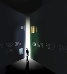 A silhouetted man is seen between two giant credit cards in an illustration about selecting the right card.