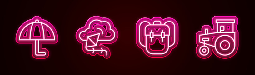 Set line Umbrella, Kite, School backpack and Tractor. Glowing neon icon. Vector