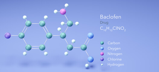 baclofen, molecular structures, drug, 3d model, Structural Chemical Formula and Atoms with Color Coding