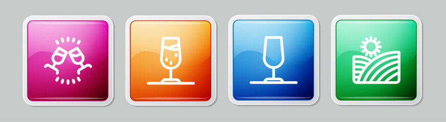 Set line Wine tasting, degustation, glass, and Vineyard wine grapes. Colorful square button. Vector