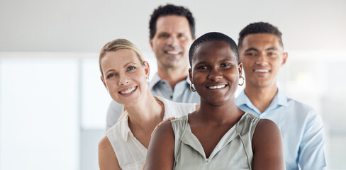 Black woman, leader and business community diversity of happy employee office group. Portrait of...