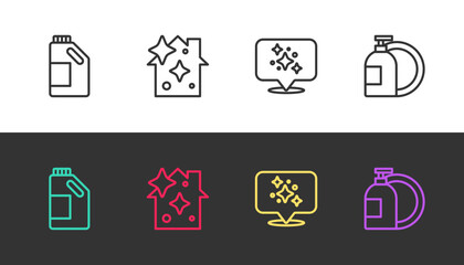 Set line Bottle for cleaning agent, Home service, and Dishwashing liquid bottle on black and white. Vector