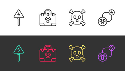 Set line High voltage sign, Radiation nuclear suitcase, Bones and skull warning and Radioactive exchange energy on black and white. Vector