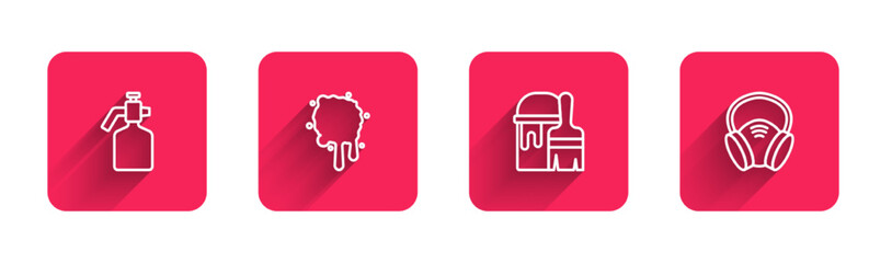 Set line Paint spray gun, bucket with brush and Gas mask with long shadow. Red square button. Vector