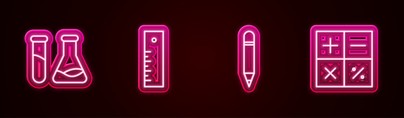 Set line Test tube and flask, Ruler, Pencil with eraser and Calculator. Glowing neon icon. Vector