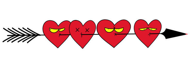 Many hearts broken a ruthless arrow. Love sign. Valentines symbol. Vector illustration.