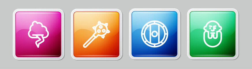 Set line Cloud and lightning, Mace with spikes, Shield viking and Viking head. Colorful square button. Vector