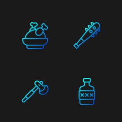 Set line Whiskey bottle, Wooden axe, Roasted turkey or chicken and Mace with spikes. Gradient color icons. Vector
