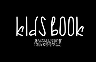 Hand drawn font, alphabet in the cartoon style, rounded thin letters and numbers in doodle style, vector illustration 10EPS