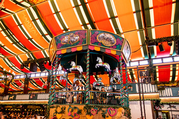 colorful interior of oktoberfest beer tent in munich germany