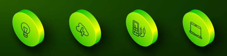 Set Isometric line Creative lamp light idea, Cloud and lightning, Ampere meter, multimeter and Laptop icon. Vector