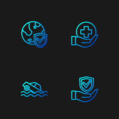 Set line Shield in hand, Flood car, with world globe and Life insurance. Gradient color icons. Vector