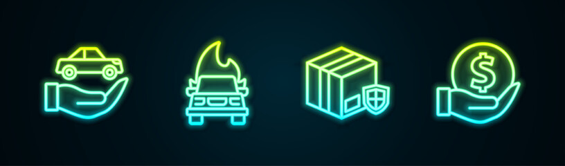 Set line Car insurance, Burning car, Delivery security with shield and Money. Glowing neon icon. Vector