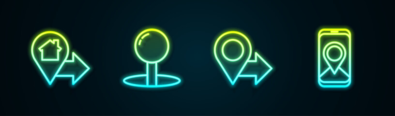 Set line Location with house, Push pin, and City map navigation. Glowing neon icon. Vector
