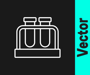 White line Test tube and flask chemical laboratory test icon isolated on black background. Laboratory glassware sign. Vector