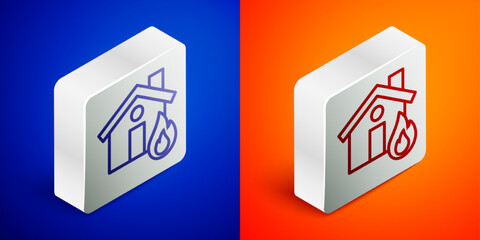 Isometric line Fire in burning house icon isolated on blue and orange background. Silver square button. Vector