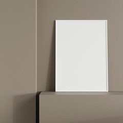 Minimalist front view vertical white photo or poster frame mockup leaning against wall on podium. 3d rendering.