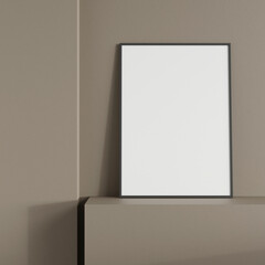 Minimalist front view vertical black photo or poster frame mockup leaning against wall on podium. 3d rendering.