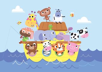Cartoon vector illustration of Noah's Arc with all his cute happy animals.