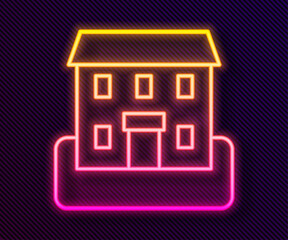 Glowing neon line School building icon isolated on black background. Vector