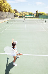 Women, tennis and athlete with racket equipment or gear play a match at outdoor sport activity on a court. Fitness, exercise and workout in training, game or match during a competitive sport