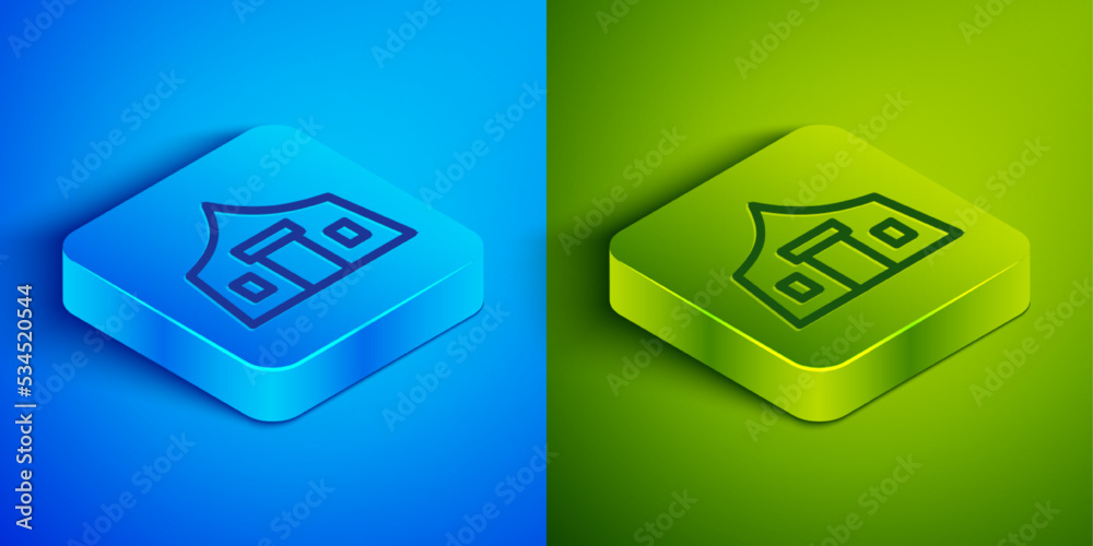 Poster isometric line tourist tent icon isolated on blue and green background. camping symbol. square butto