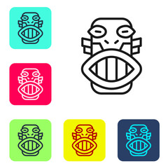 Black line Mexican mayan or aztec mask icon isolated on white background. Set icons in color square buttons. Vector