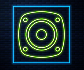 Glowing neon line Stereo speaker icon isolated on brick wall background. Sound system speakers. Music icon. Musical column speaker bass equipment. Vector