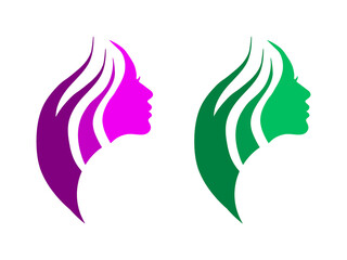 A set of 2 - flat illustrations of a side silhouette of a young girl with modern swirls of hair in shades of purple and green, isolated on a white background.