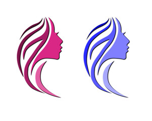 A set of 2 - 3D rendered illustrations of a side silhouette of a young girl with modern swirls of hair in shades of pink and blue, isolated on a white background.