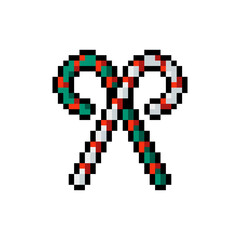 Christmas candy cane icon in pixel art design isolated on white background, Christmas and New Year vector sign symbol.