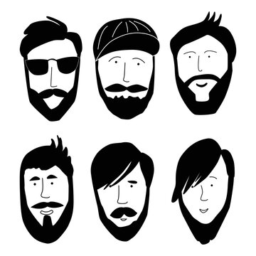 Set of trendy bearded men, hipsters with different haircuts and beards. Silhouettes, emblems, badges, labels. Vector illustration in doodle style.