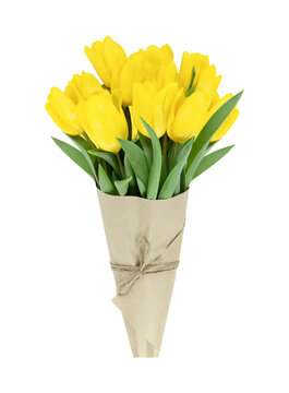 Bouquet of yellow tulips wrapped in craft paper isolated on transparent background.